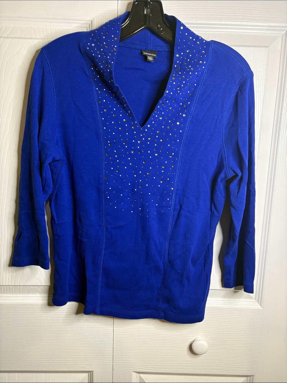 Rafaella Royal Blue V-Neck Studded Long Sleeve Top